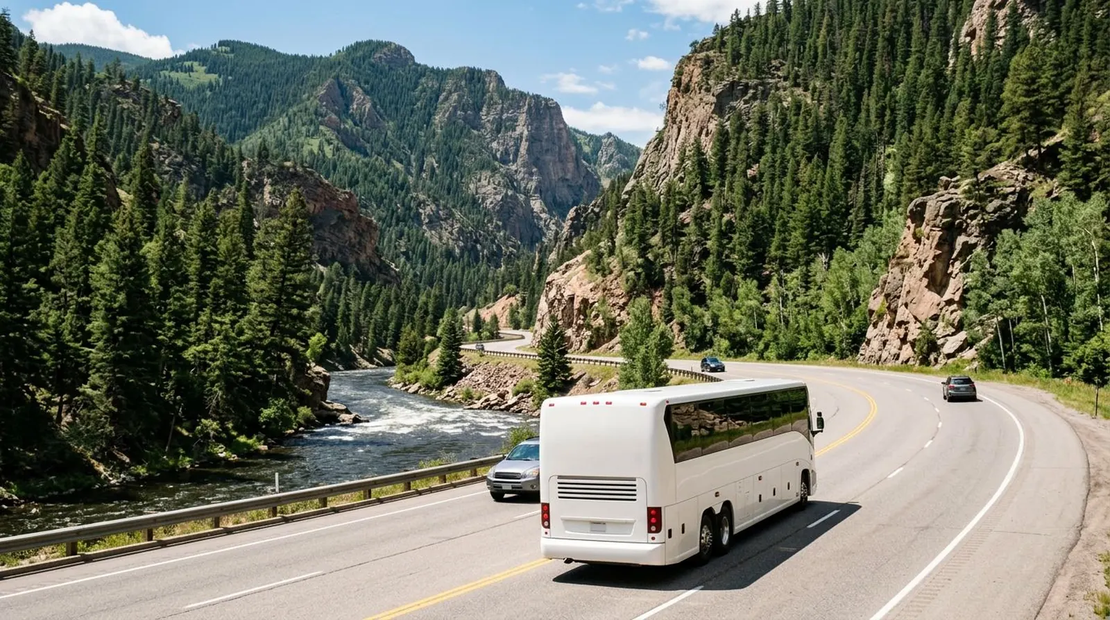 Motor coach on Interstate 70 winding through a Colorado mountain canyon