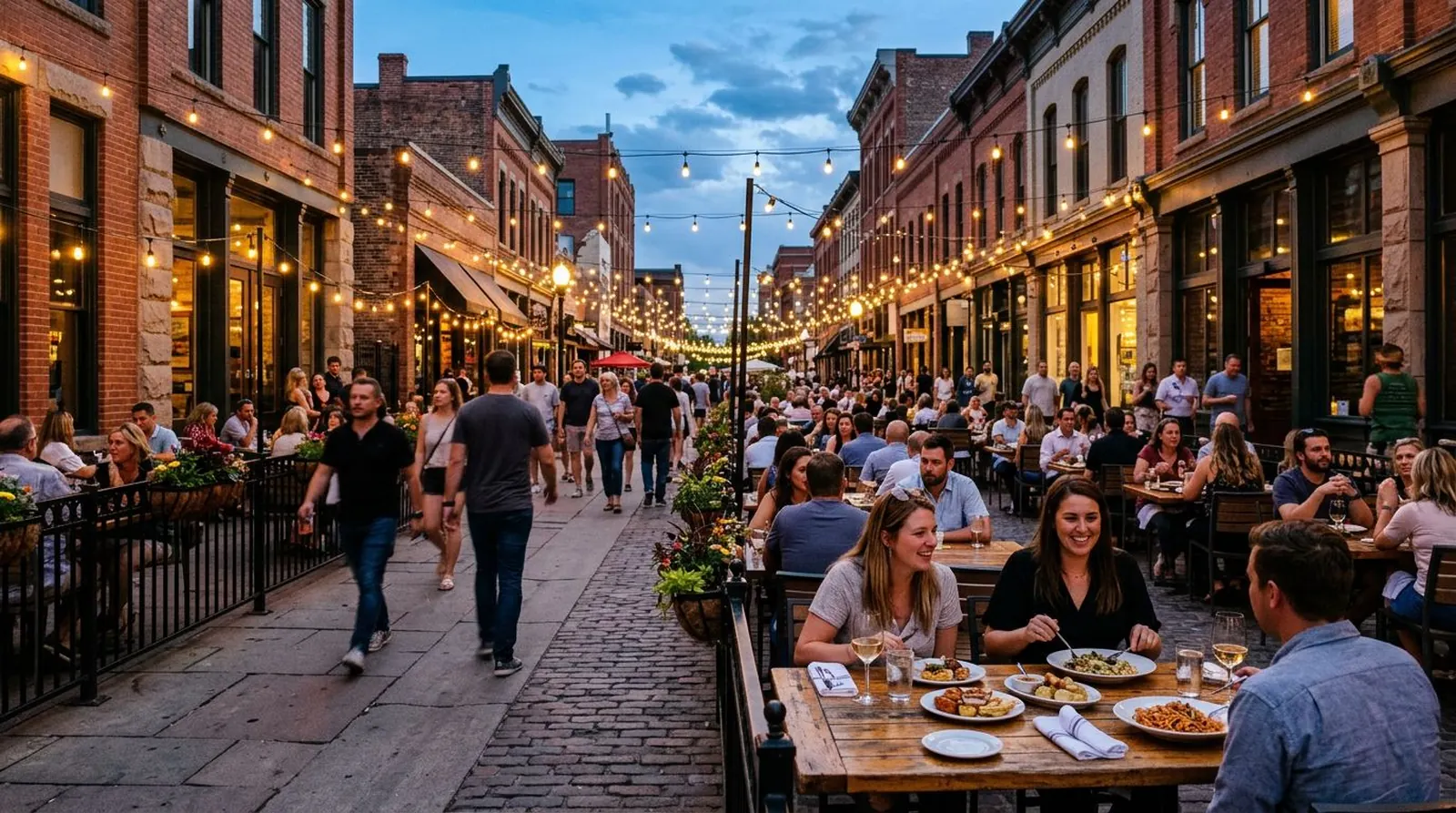 Diners on lantern-lit restaurant patios along a historic street in Denver's LoDo at dusk