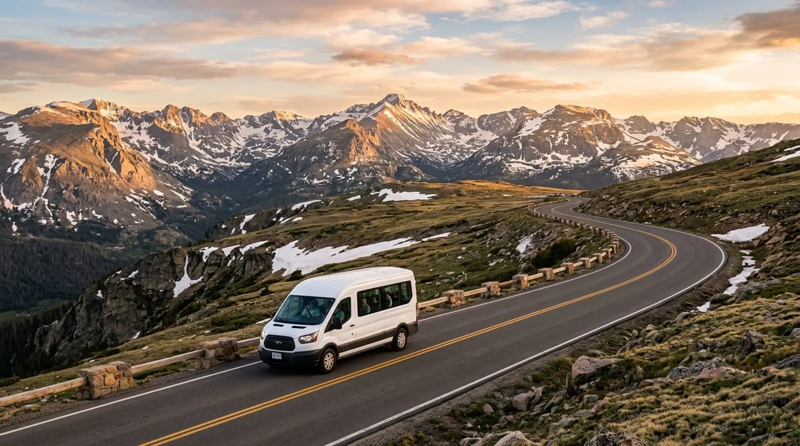Tour van on Trail Ridge Road above treeline in Rocky Mountain National Park