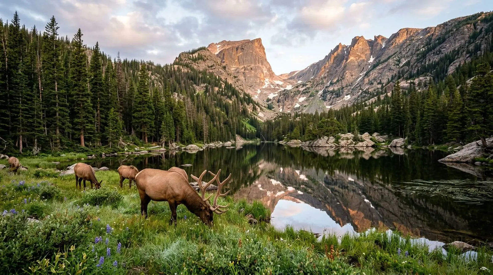 Bull elk grazing beside Bear Lake with Hallett Peak reflected, Rocky Mountain National Park